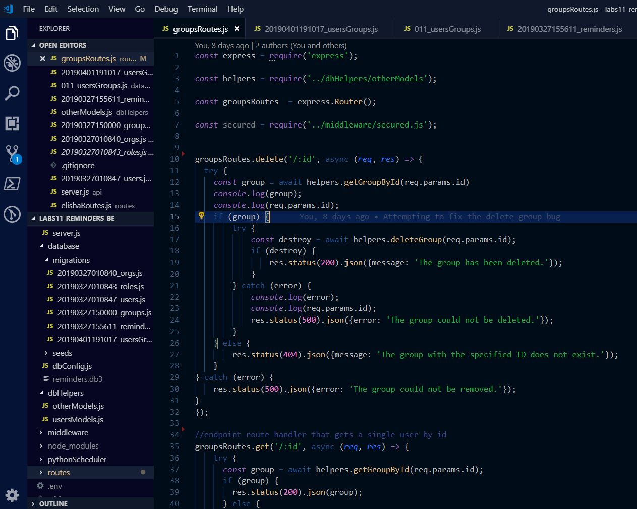 Reminders Int BE Route Handlers Example